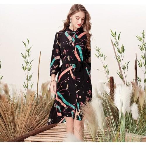 Printed real silk dresses women natural silk 2019 high quality girls black golden chain floral work dress elegant plus size