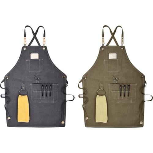 Canvas Work Apron, Multifunction Tool Aprons with Pockets Back Cross Workshop Apron for Carpenters Gardener Barber Chefs Waiter