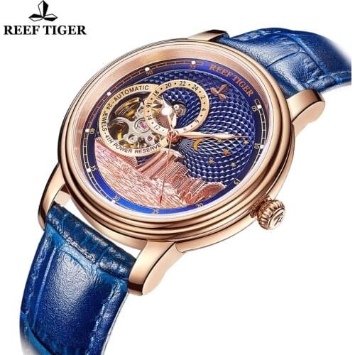 Reef Tiger/RT Top Brand Luxury Women Automatic Watches Rose Gold Blue Mechanical Watch Tourbillon Fashion Men Women Unisex Watch