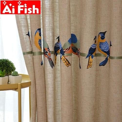 Luxury Embroidered Kingfisher Cotton and Linen Fabric Curtains for Living Room White Window Treatment Birds Voile Tulle wp432#30