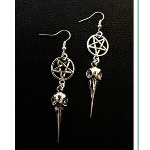 Vintage antique Silver Inverted pentacle, raven skull earrings