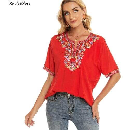 KHALEE YOSE Red Floral Embroidery Blouse Shirt Cotton Summer Mexican Women Shirt Plus Size 2xl 3Xl Ethnic Ladies Female Shirt