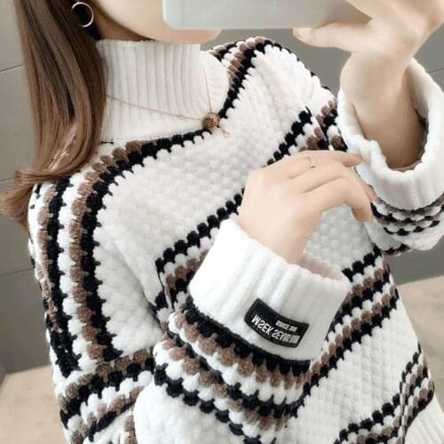 Womens Clothing Autumn And Winter Korean Youth Fashion Stitching Sweater Womens High Neck New Loose Knit Sweater Vestidos Tops