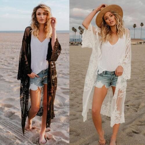 Women Beach Cover Up Beach Dress Chiffon Lace Kimono Cover Up Boho Casual Long Sleeve Cardigan Monokini Bathing Lace Dress