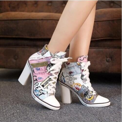 Printing Leather Women Shoes High Heel Fashion Printed High Heels Casual Straps High-Top Shoes Woman Lace Up Prom Women Pumps