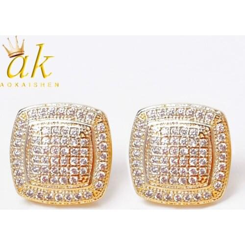 12MM Stud Earrings for Women Square Charms Screw Back Full Zircon Real Gold Plated Fashion Hip Hop Jewelry