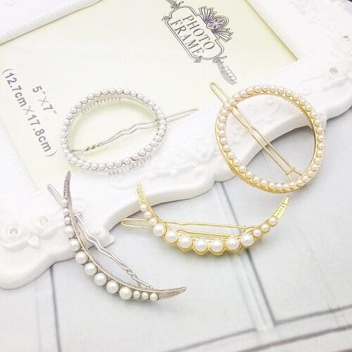Hot Sale Women Girls Fashion PEARL round and moon shape Hair Clips alloy Hairpins Female Hair Styling Accessories F024