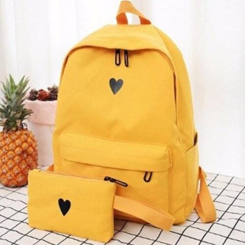 Moon Wood Womens Backpack Canvas Printed Heart Yellow Backpack Korean Style Students Travel Bag Girl School Bag Laptop Backpack