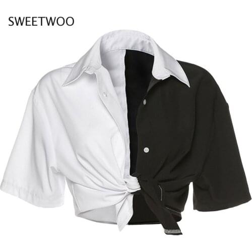 Women Patchwork Button Casual Crop Top Womens Black and White Contrast Navel Top Summer T-Shirts