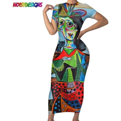 NOISYDESIGNS Abstract Sketch Pattern Bodycon For Women Graffiti Color Print Pencil Dress 2021 Stylish Short Sleeve Party Robe