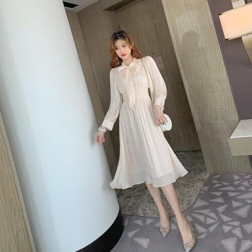 Popular 2021 New Womens Sweet Elegant Bow Collar High End Dresses Spring Autumn Dress Solid Pleated A-Line Ladies Vestidos