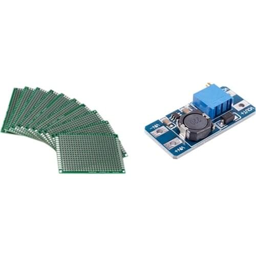 10Pcs Double Side 5X7cm PCB Strip Board Printed Circuit & 1 Pcs DC/DC Step Up Boost 2-24 V 5-28 V Connect Module