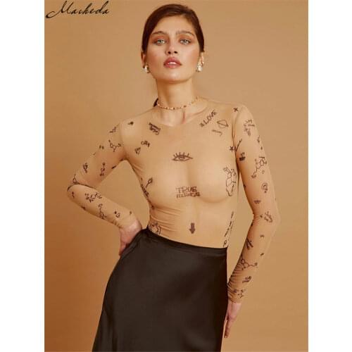 Macheda Fashion Mesh Printing Slim Bodysuit Women O Neck Long Sleeve Clothing Lady Khaki Casual Street Body Suit 2021 New
