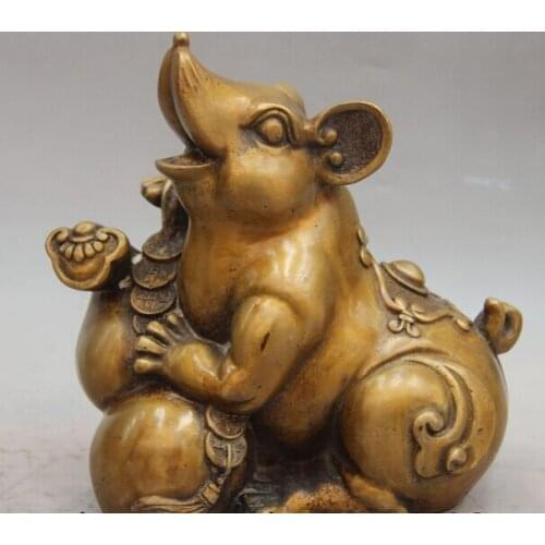 Fast shipping USPS to USA S0921 China Folk Bronze Copper Wealth Money Bottle Gourd Ruyi Zodiac Mouse Rat Statue