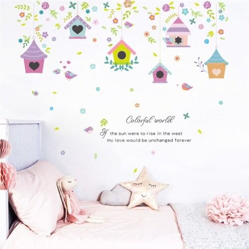 Colorful Birds Birdcage branch Flower wall stickers bedroom store window TV Background wall decals arts wedding decor