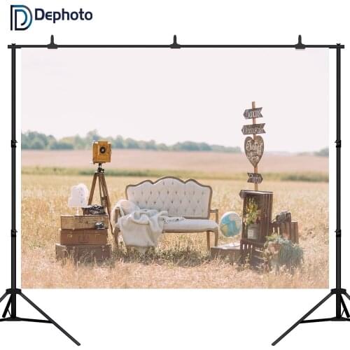 DePhoto Sofa luggage flowers Old camera wilderness Wedding Outdoor Scenic Backgrounds Photography Backdrop Photo Studio