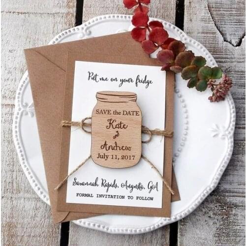 Personalize names date engraved Mason jar Wooden Card save the date Wedding invitations Magnets, Wooden Save The Date Magnet
