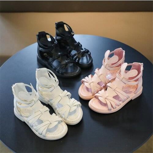 2021 New Kids Roman Sandals High-top Girls Flat Beach Sandals Children Girls Princess Shoes Solid Color Cross-tied Shoes 26-36