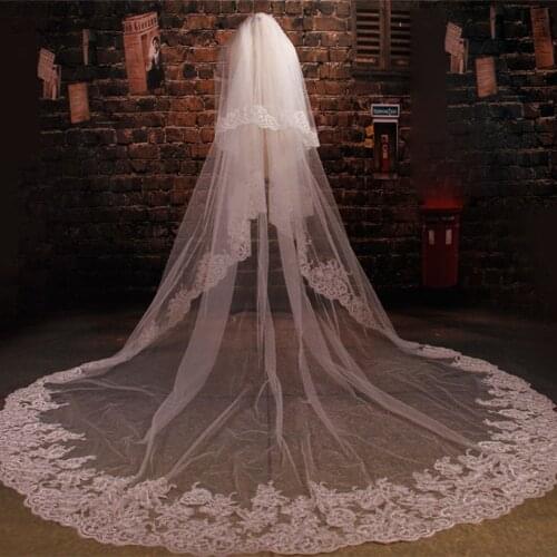 High Quality Cathedral Bridal Veils 2020 Luxury Long Appliques 2 Layers with Blusher Face Custom Made Wedding Veils