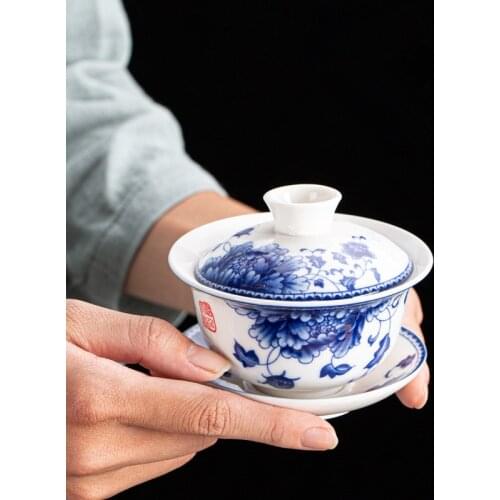 Chinese blue-and-white porcelain gaiwan floral print under glaze tureen china cup bowl saucer lid 150ml on sales