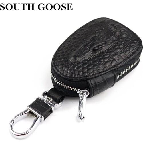 New Cowhide Genuine Leather Unisex Key Wallet Retro Crocodile Pattern Men Zipper Car Key Holder Women Keys Organizer Housekeeper