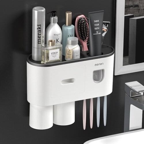 Magnetic Adsorption Inverted Toothbrush Holder Double Automatic Toothpaste Squeezer Dispenser Storage Rack Bathroom Accessories