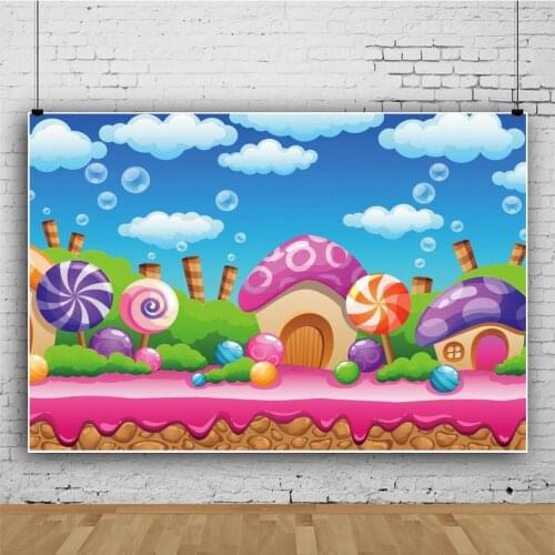 Cartoon Painted Candy Mushroom House Portrait Photography Backdrop Decor Photo Kids Party Background Studio Photocall Props