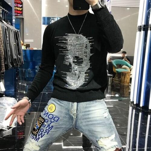 2021 Fashion Brand Autumn And Winter Black Striped Sweater Hip Hop Casual Mens Studded Skull Punk Street Wear
