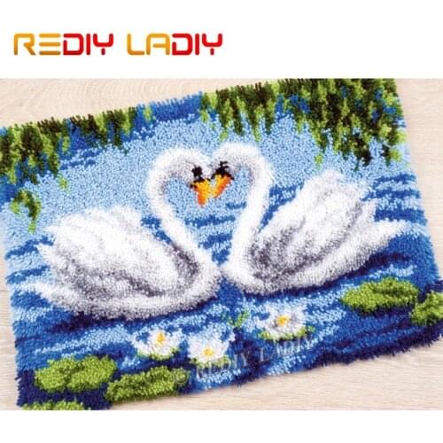 Latch Hook Kits Make Your Own Rug White Swans Love Tapestry Crochet Cushion Mat DIY Carpet Rug Pre-Printed Canvas Hobby & Crafts