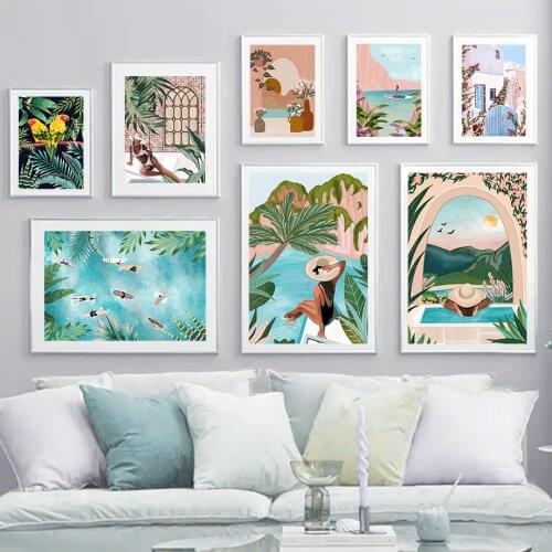 Tropical Plant Leaf Girl Sky Wall Art Canvas Painting Nordic Posters And Prints Decoration Pictures For Living Room Boho Mural