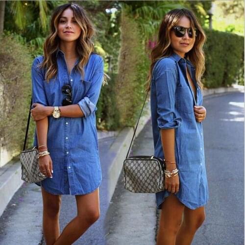 2019 new fashion women blue denim dress casual loose long sleeved T shirt dresses straight dress plus size
