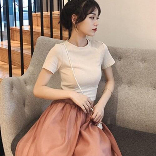 Solid Color Short Sleeve Comfort T-Shirt Summer Women Round Neck Slim Waist Bow Tops