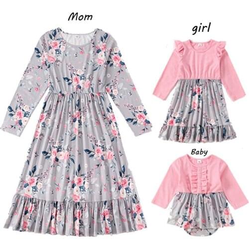 Mother and Daughter Dress for Baby Girl Women Floral Print Long Dresses Long Sleeve Stitching Homewear Clothing Family Matching