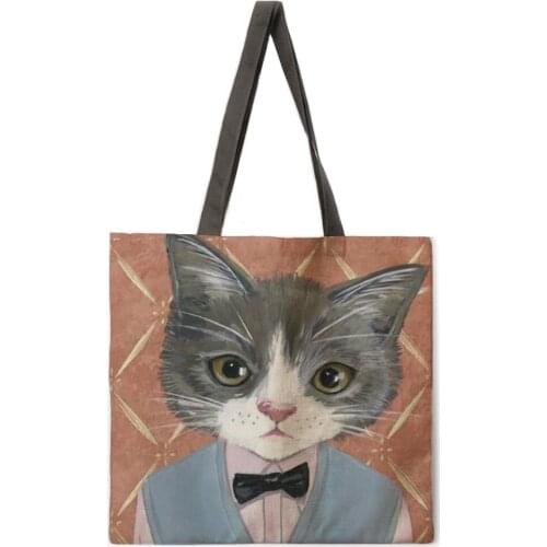 Cartoon cat casual tote bag linen bag reusable shopping bag outdoor beach bag casual tote bag