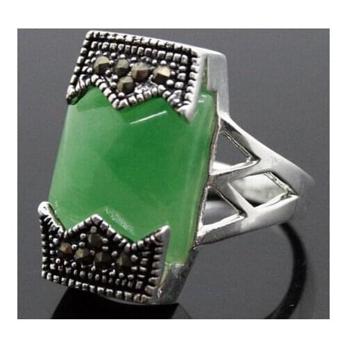 12*20mm Rare Marcasite Natural Green Natural jade 925 Sterling A Ring Size 6/7/8/9