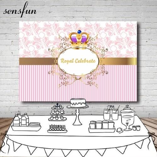 Sensfun Pink Princess Crown Photography Backdrop Flower Printing Striped Gold Frame Birthday Party Backgrounds 7x5FT Vinyl