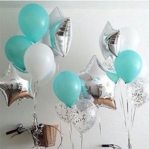 17pcs/set 12inch Mint Green Blue Balloons 18inch silver star silver confetti White Latex Balloons Wedding Baby Shower Birthday P