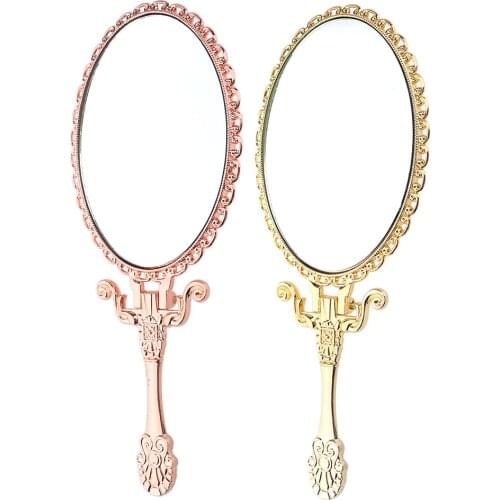 Vintage Antique Style Small Oval Hand Held Makeup Mirror Standing Folding Handle- Lightweight & Portable for Women