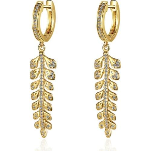 Vintage Ethnic Feather Long Drop Earrings For Women Shiny Crystal Pave Huggies With Leaf Branch Pendants Charm Dangle Earrings