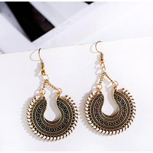 Vintage Ethnic Earring Geometric Antique Silver Color Gold Hollow Flower Drop Earring Piercing Earring Statement Jewelry