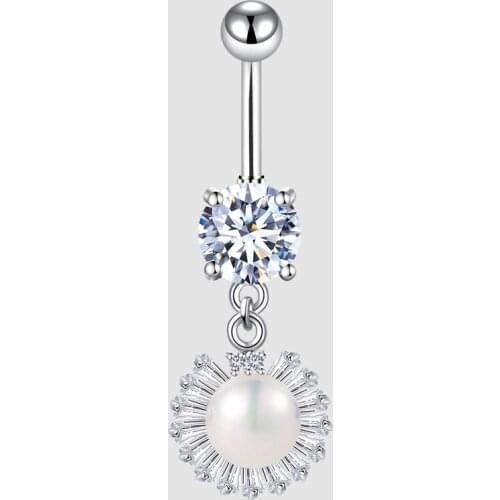 Pearl Belly Button Rings Dangle Silver Rod Piercing Navel Belly Rings Curved Barbell For Women Men Jewelry New