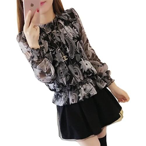 Women Spring Summer Style Chiffon Blouses Shirts Lady Casual Long Sleeve Stand Collar Blusas Tops ZZ0400