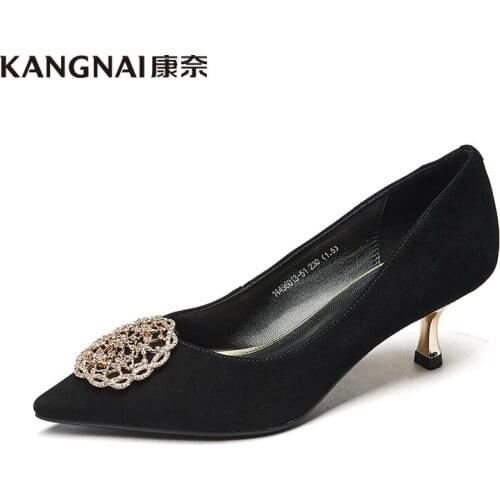 KANGNAI Womens Pointed Toe High Heels Shoes Kid Suede Fashion Crystal Decorated Female Shoes Thin Heels Shoes
