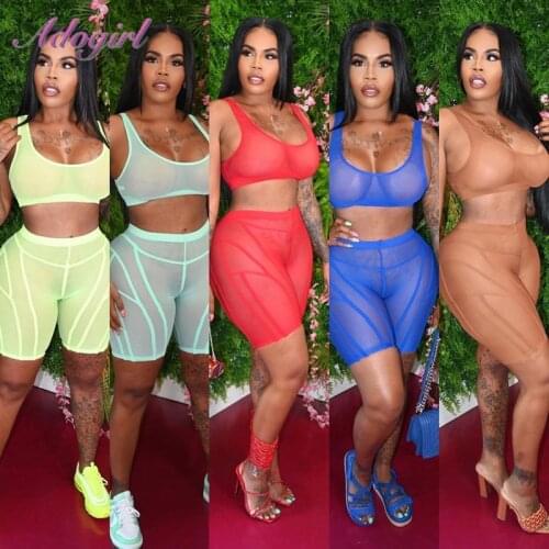 Women Solid Sheer Mesh Tracksuit Casual Sleeveless Crop Top Tank Bikers Shorts Pant Suit Fitness Yoga Sportswear Two Piece Sets