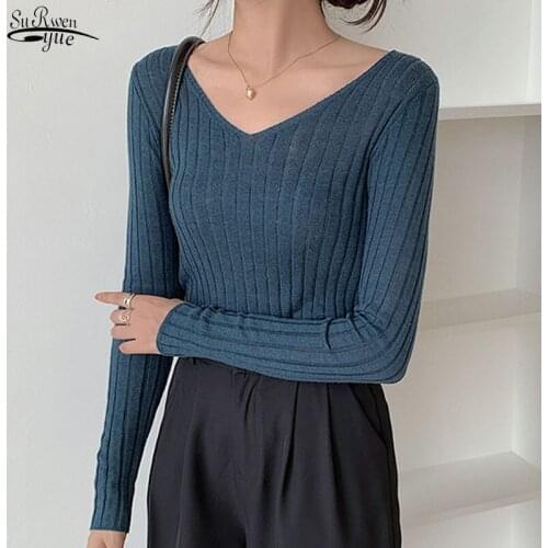 2020 Korean V-neck Knitted All-match Sweater Women Pullover Women Solid Striped Slim Bottoming Sweater Winter Clothes 11028