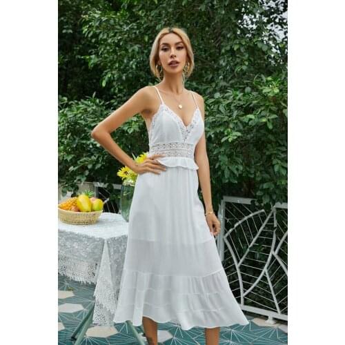 2021 Femme Long White Lace Dress Strapless V-neck Hollow Out Sexy Holiday Cotton Dress Ruffles Mujer Chic Vestidos Boho Robes