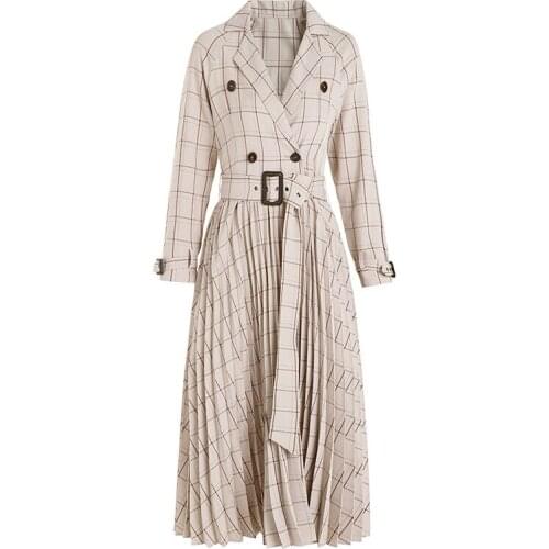 Autumn and winter new womens dress fashion elegant commuter waist pleated Plaid Dress with belt female long Dresses