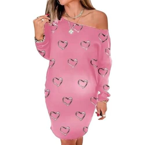 Women 3D Printing O-Neck Long Sleeve Loose Dress For Autumn 2021 New Fashion Splice Irregular Neck Off Shoulder Mid Dress Ladies