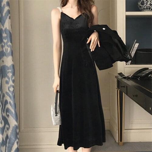 Women Vintage Mid-calf Dress Spring Solid Spaghetti Strap V-Neck Ladies Dress Fashion Sleeveless High Waist A-line Dresses