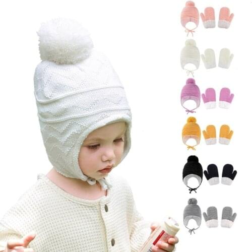 Winter Warm Baby Solid Color Earflap Hat Gloves Set Fur Ball Beanies Mitten Kit for Toddler Girls Boys Knitted Hat 87HD